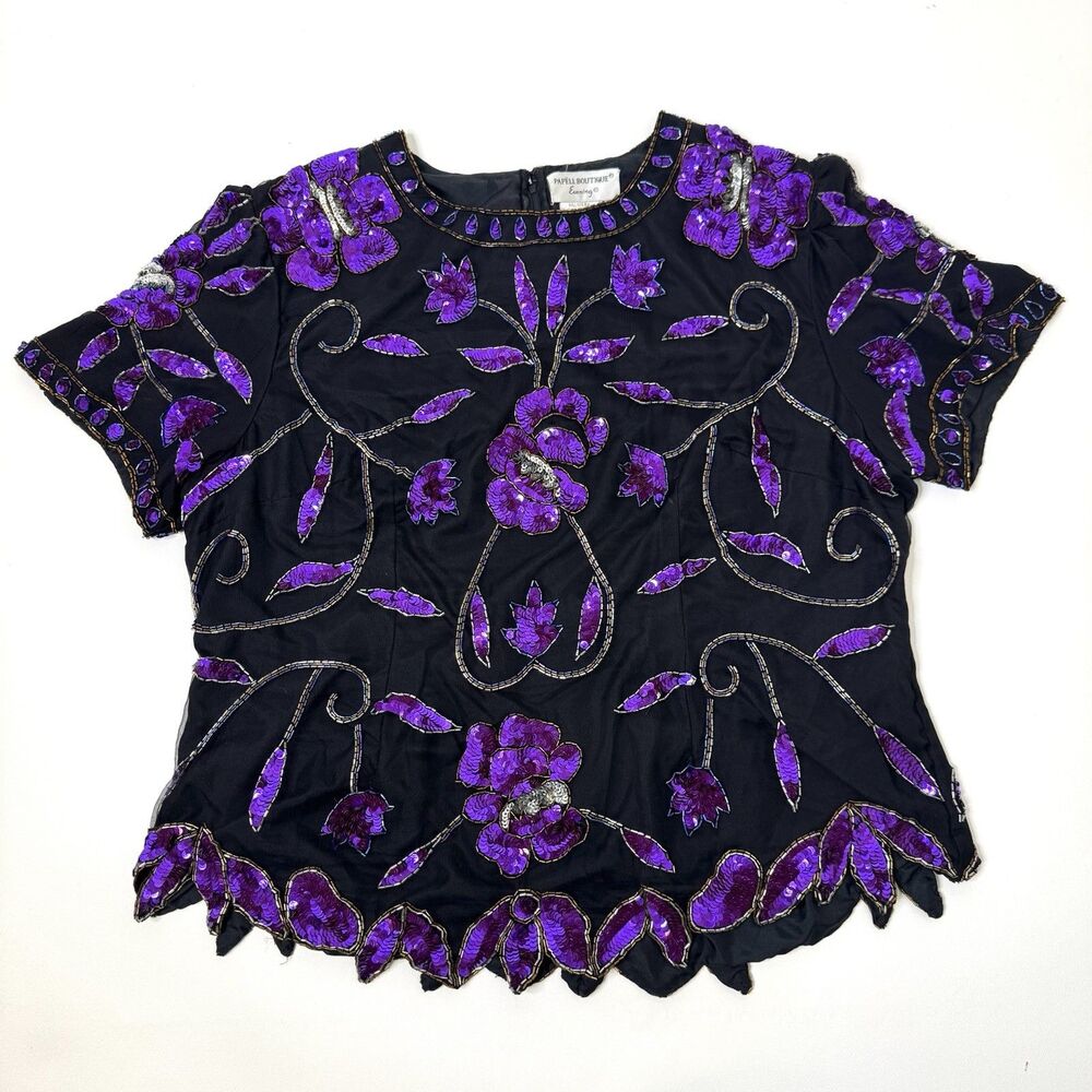 Papell Boutique Vintage 80s 90s Colorful Sequin Silk Formal Party Blouse 3X Zip